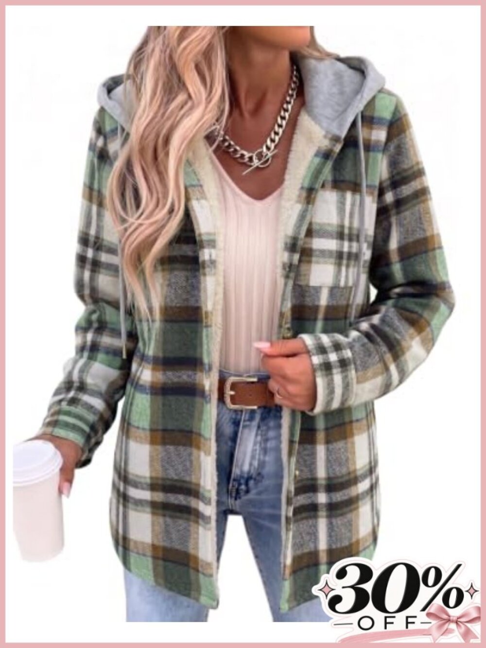 Plaid Shacket Fleece Hooded Winter Coat Warm Jacket Button Down